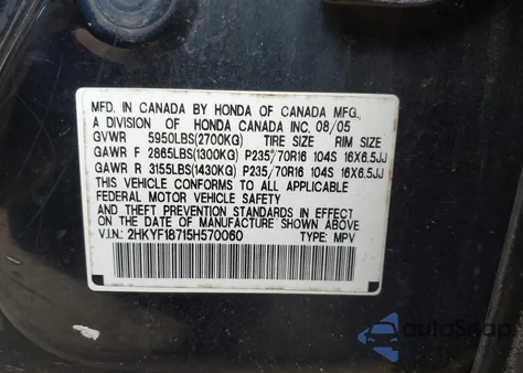 2005 Honda Pilot Ex-L z USA, uszkodzony, nr VIN 2HKYF18715H570060